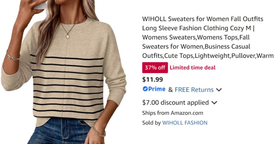 woman in striped sweater next to Amazon pricing information