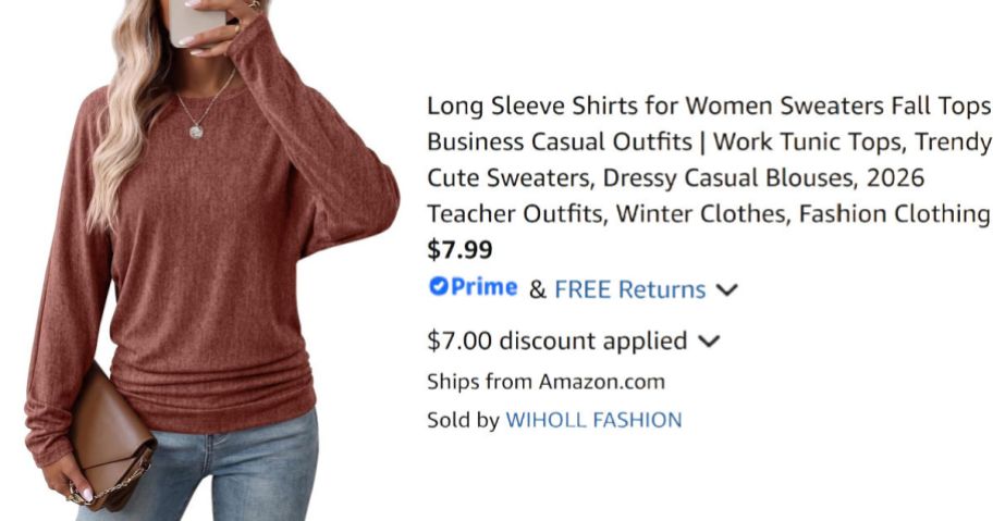 woman in rust colored sweater next to Amazon pricing information