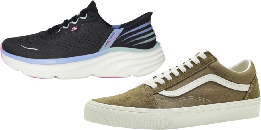 womens skechers slip in and unisex vans shoe