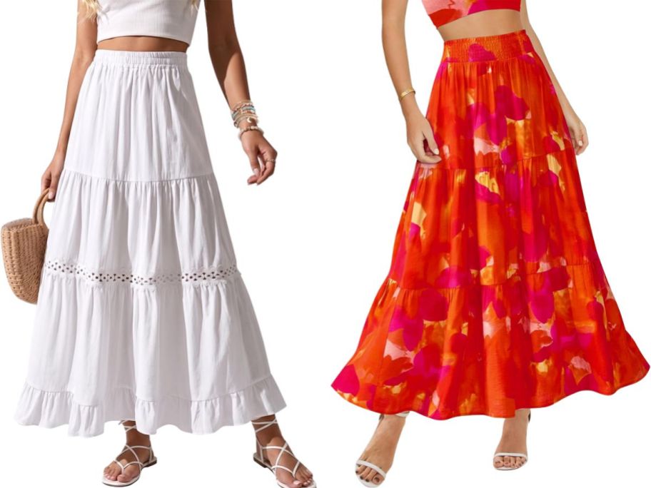 two women wearing a white and red skirt