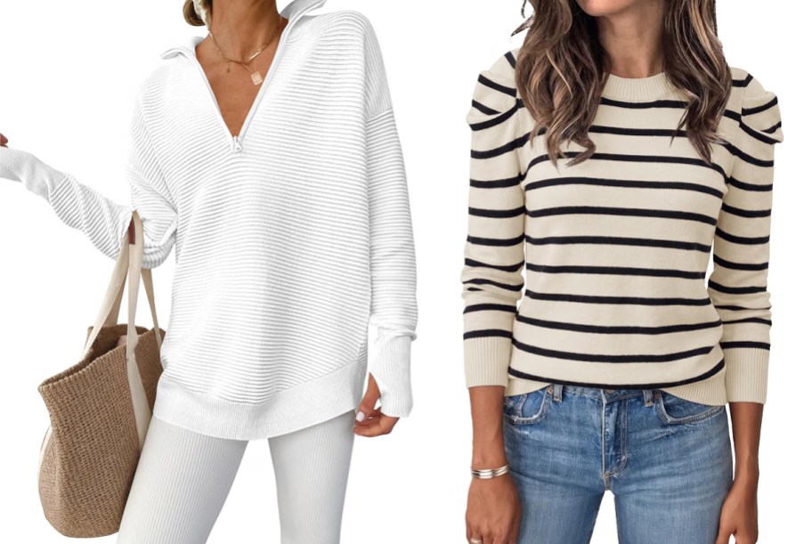 women wearing gray and tan/black striped sweaters