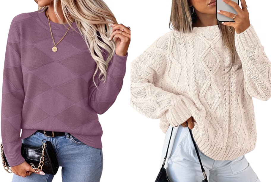 women wearing purple and white sweaters