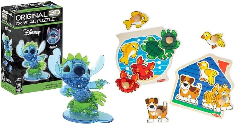 A Disney Stitch 3D crystal puzzle and two wooden Melissa & Doug peg puzzles featuring ocean animals and pets.