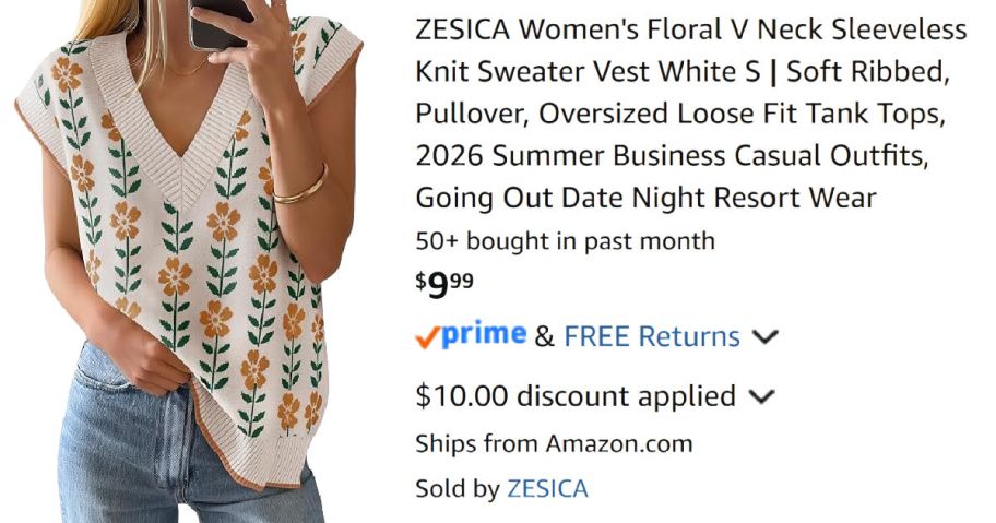 woman wearing floral sleeveless sweater next to Amazon pricing information