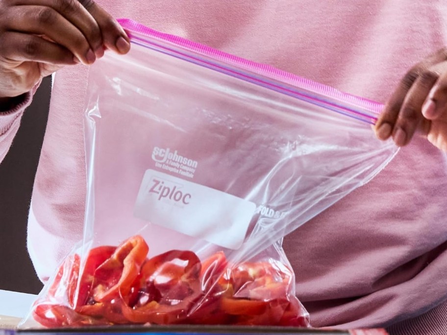 person in pink shirt sealing food storage bag