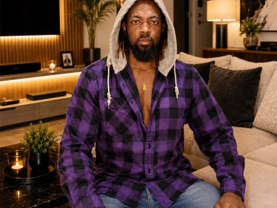 man wearing purple flannel shirt with hoodie