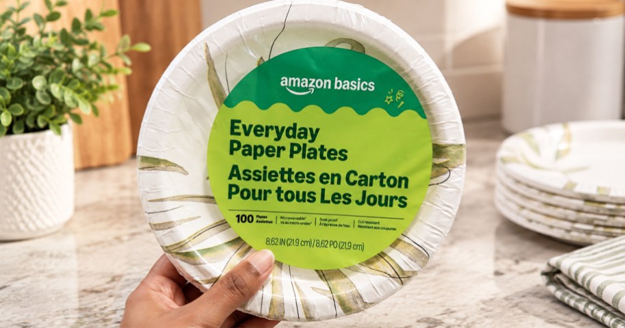 hand holding up a pack of Amazon Basics Paper Plates