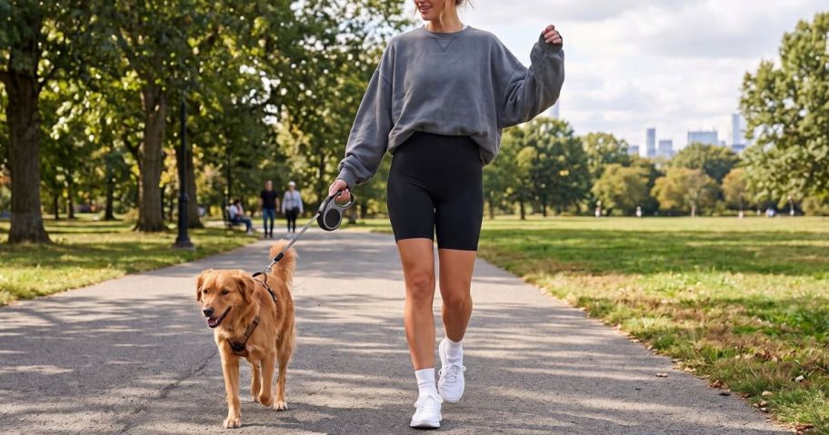 woman wearing Bike Shorts and an oversized sweatshirt while walking a golden retriever n a park