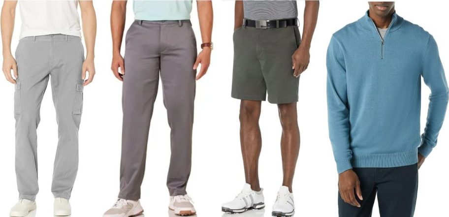 Stock images of 4 men wearing Amazon Essentials Clothing