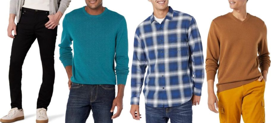 Stock images of 4 men wearing Amazon Essentials Mens Clothing