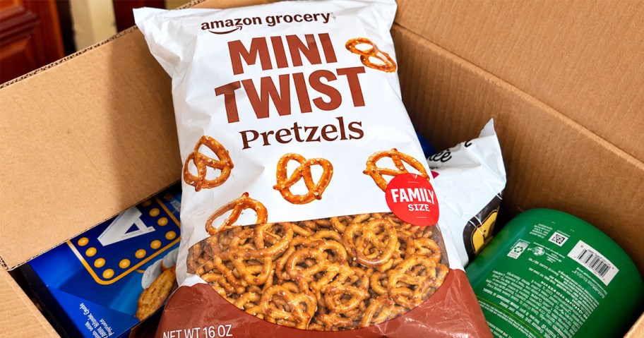bag of Amazon Grocery Mini Twist Pretzels in a box with other foods
