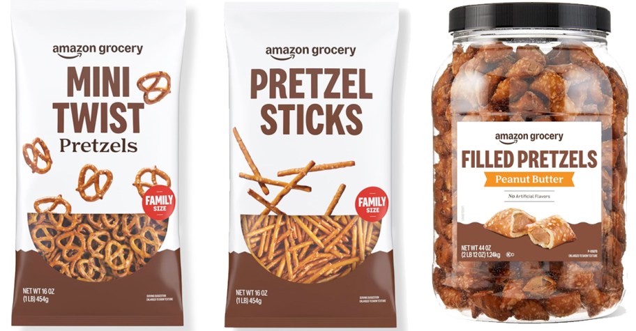 two bags and a jar of Amazon Grocery Pretzels