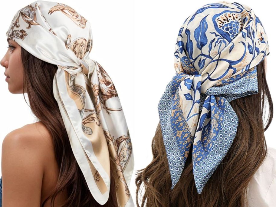 Stock images of two women wearing silky hair scarves