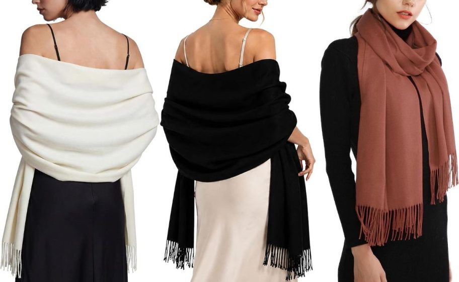 Stock images of 3 women wearing fringe pashmina scarfs in different colors
