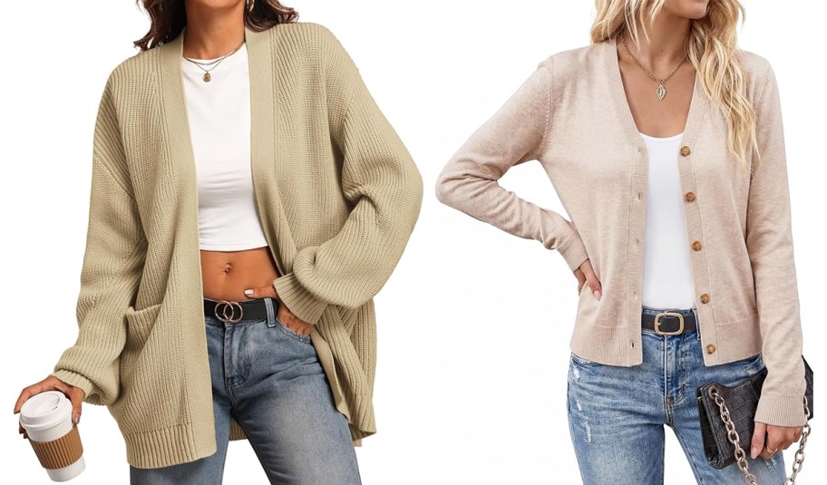 two women in cardigan sweaters