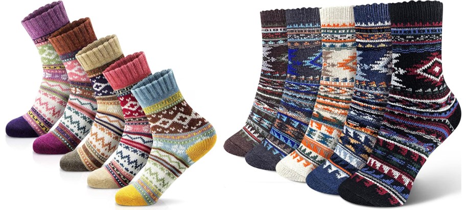 two sets of wool socks in colorful designs