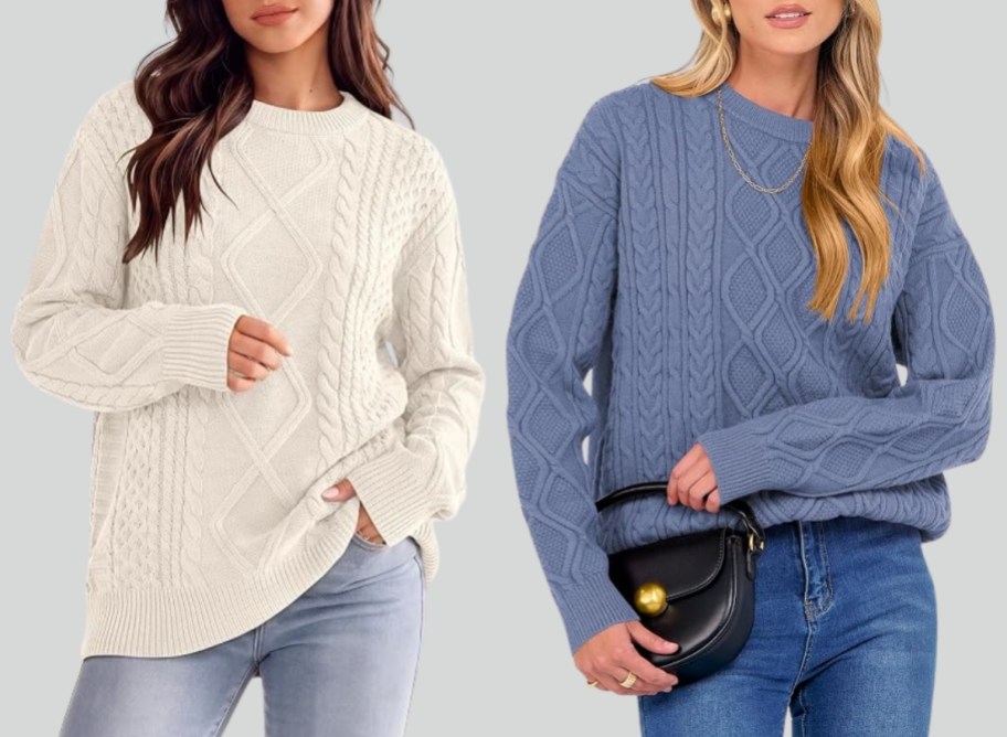 two women in cable knit sweaters