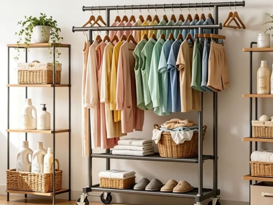 Amazon clothing rack with clothes hanging on it 