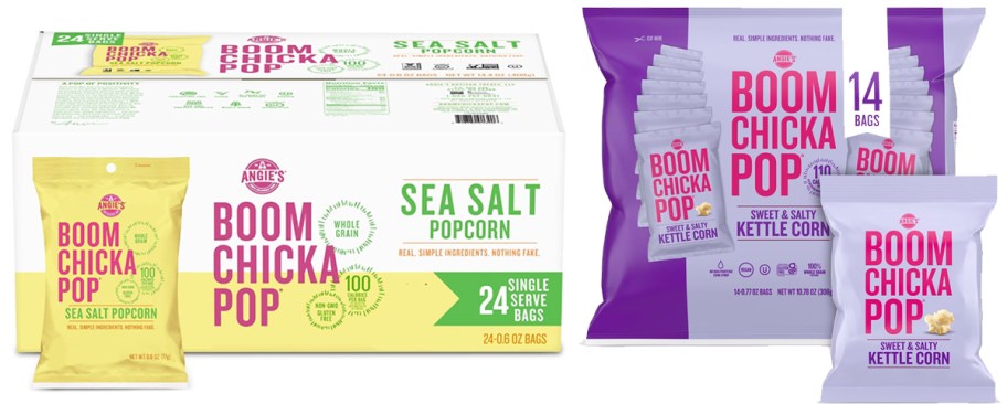 box and bag of Angie's BOOMCHICKAPOP snack bags