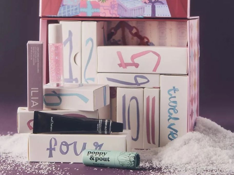 contents of Anthropologie 12 Days of Beauty Advent Calendar on display