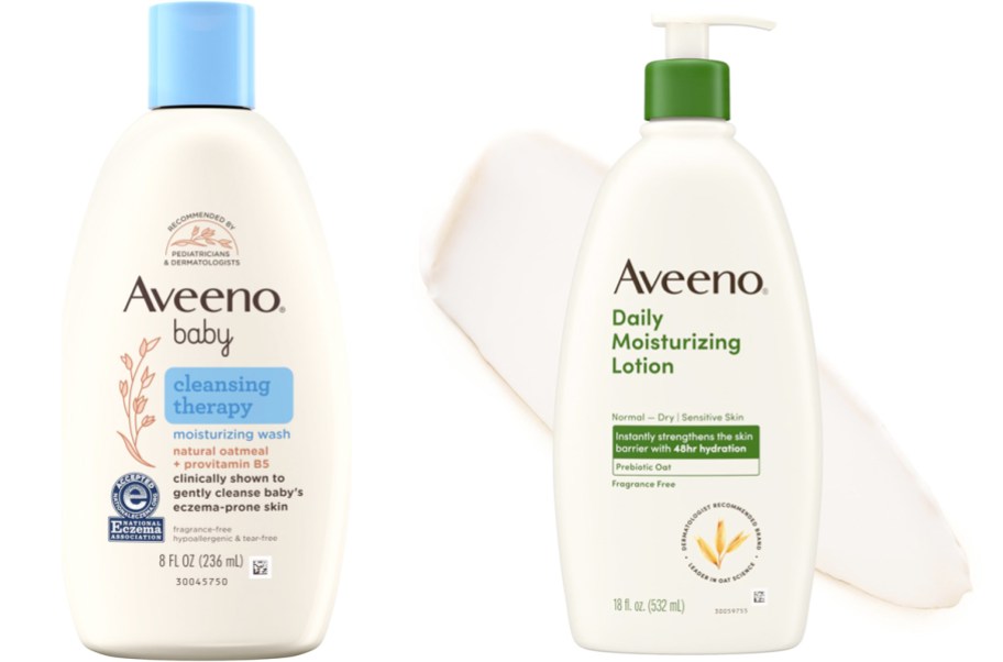 bottles of aveeno baby wash and body lotion