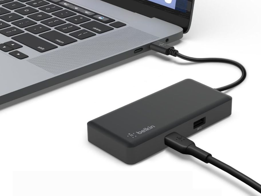 Belkin Connect USB-C Hub 5-in-1 Multi-Port Adapter plugged into a laptop
