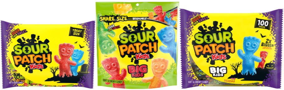 A collection of Sour Patch Kids Halloween candy packaging, including a treat size bag, a share size Big Kids bag, and a 100-piece Big Kids variety pack.