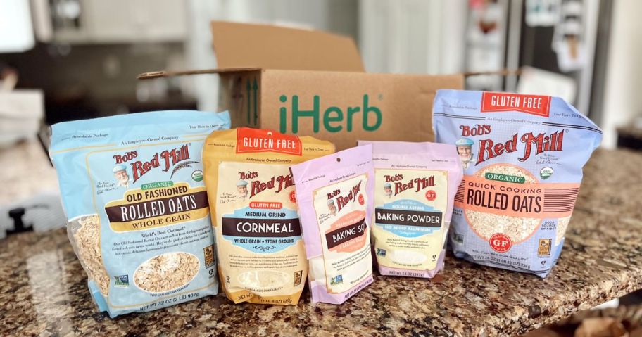 Bob's Red Mill products on counter in front of iherb box