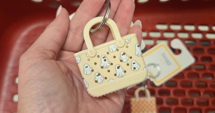 Bogg Bag Tiny Tote Keychain - Boo! Bogg in hand in store