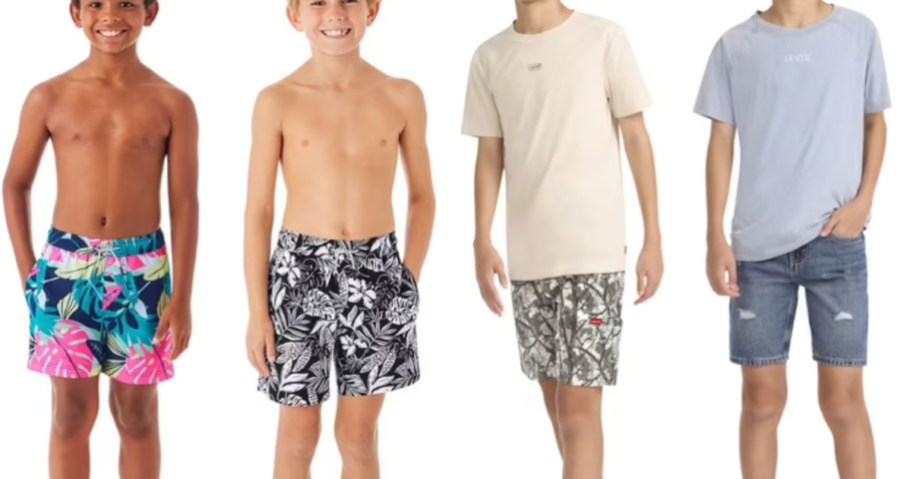 Boys wearing swim trunks and Levi's shorts