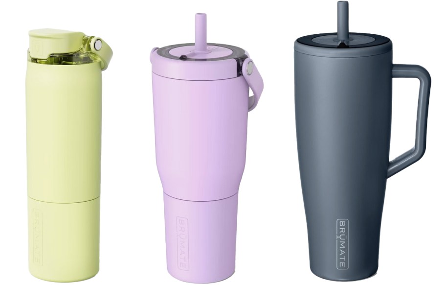 yellow bottle and purple and navy tumblers
