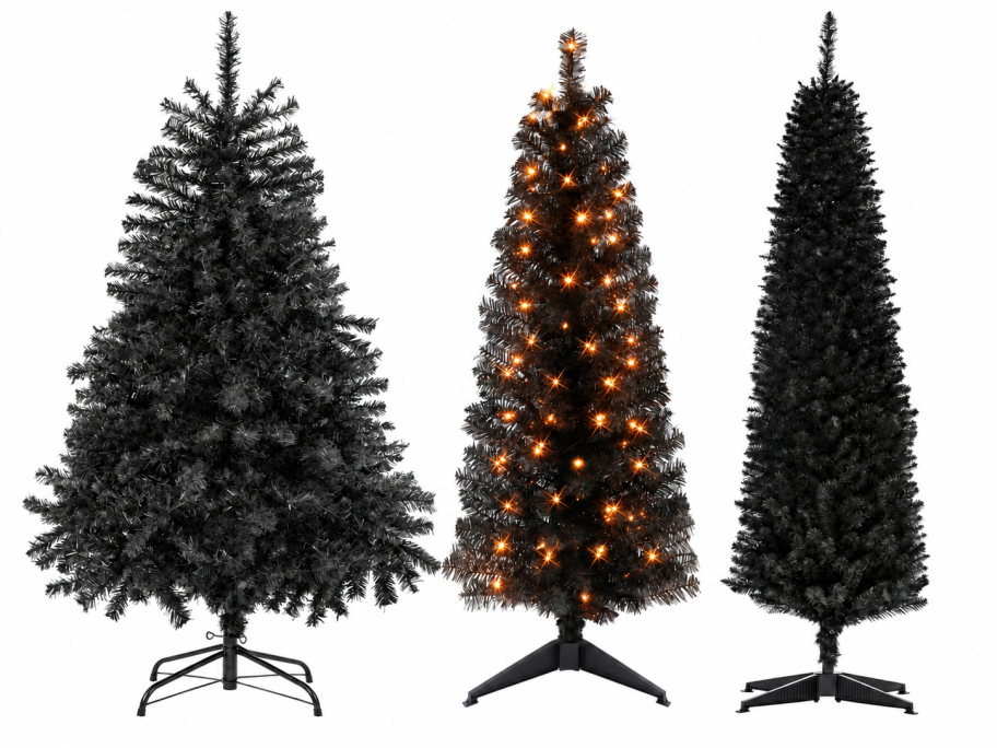 CAPHAUS, Puleo prelit tinsel, and HOMCOM black artificial trees side by side