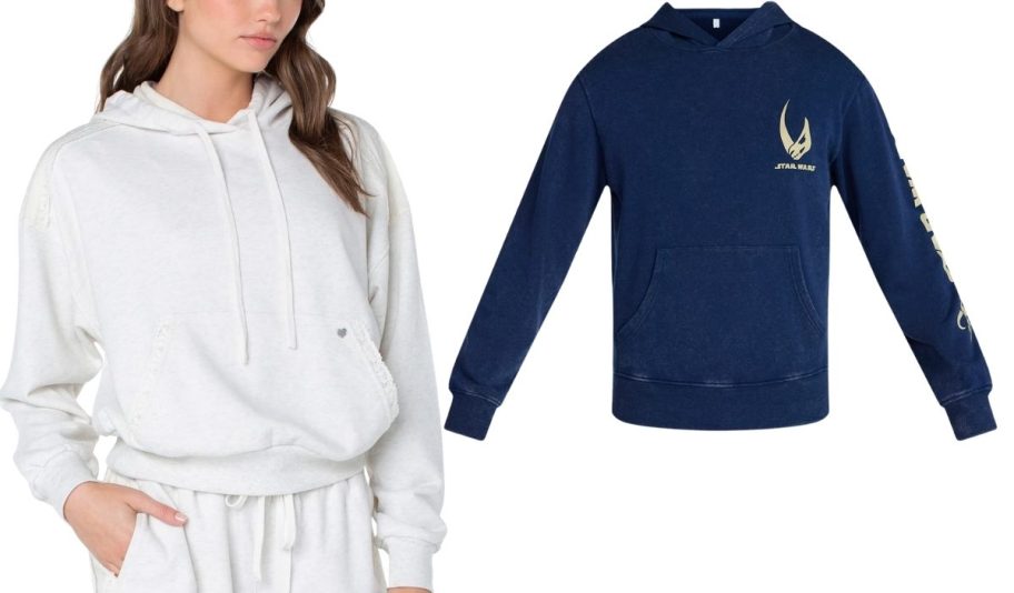 woman in a white lace trim hoodie with a mens graphic hoodie