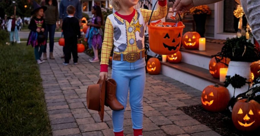 kid wearing woody Character Toddler Cosplay Sleepwear Set while trick or treating
