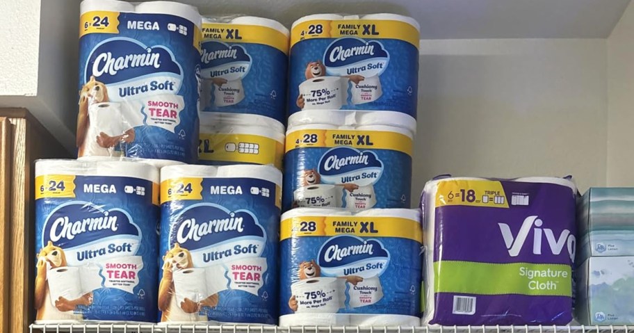 lots of blue packs of Charmin Ultra Soft Toilet Paper on storage shelf