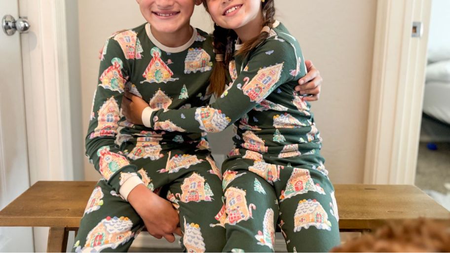 Children wearing Matching Christmas Pajamas
