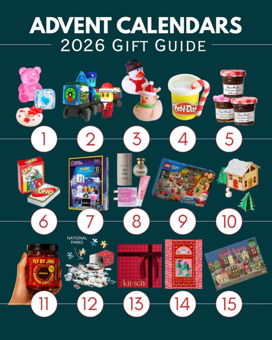 advent calendars 2026 gift guide with various advents calendars on numbers