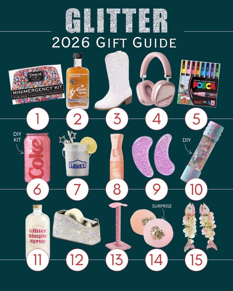 glitter 2026 gift guide collage of random gifts