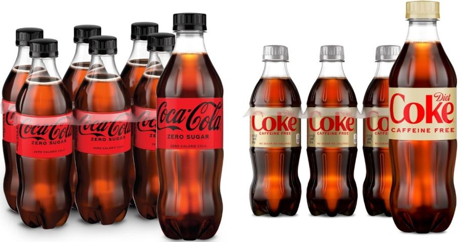 Stock images of two 6-packs of Coca-Cola Zero Sugar and Diet Coke Caffeine Free 16.9oz Bottles