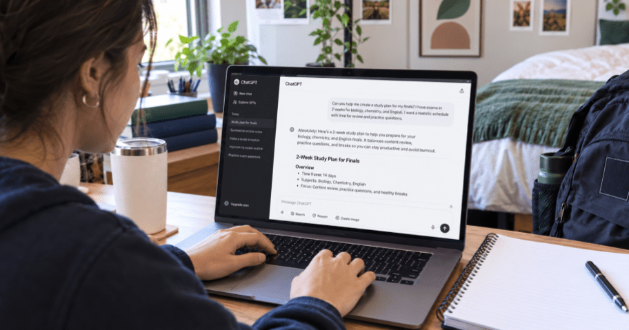College Student Using ChatGPT in dorm room