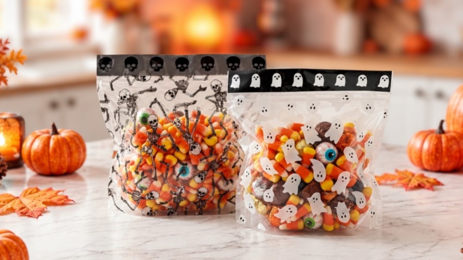 halloween treat bags filled with goodies on a kitchen counter