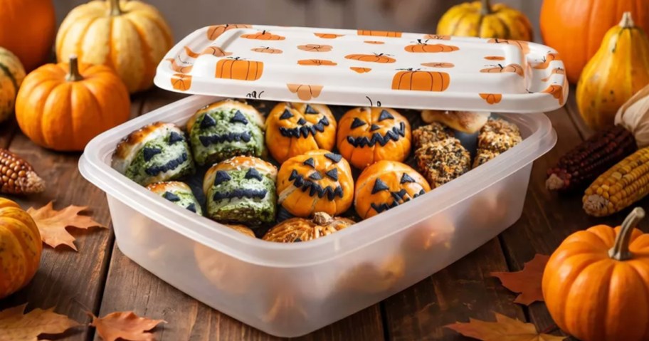 halloween treats inside a plastic container with pumpkin print lid