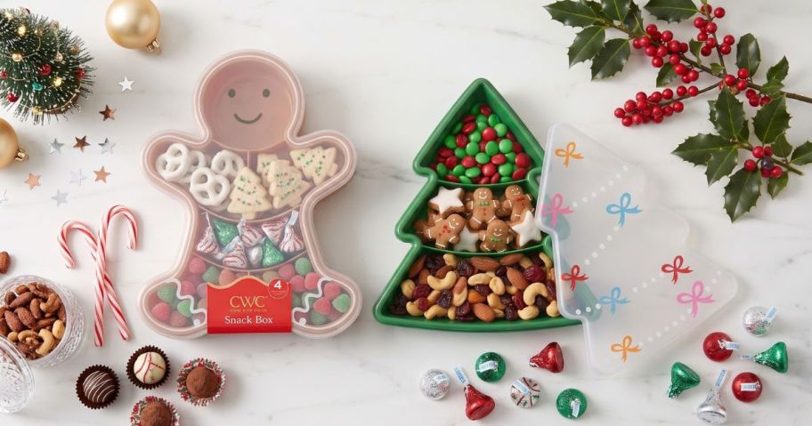 Cook with Color Snackle Boxes of a Gingerbread Man and a Christmas Tree surrounded by holiday snacks and treats