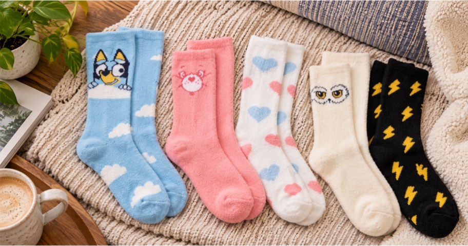 Cozy Character Boot Socks at Walmart including Bluey Care Bears and Harry Potter