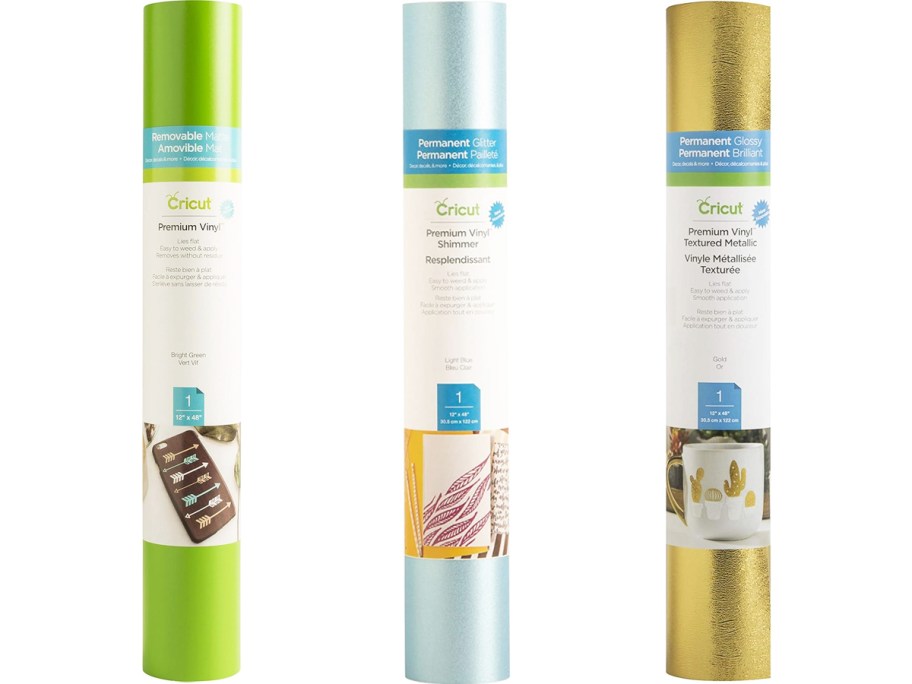 green, light blue, and gold rolls of Cricut Vinyl