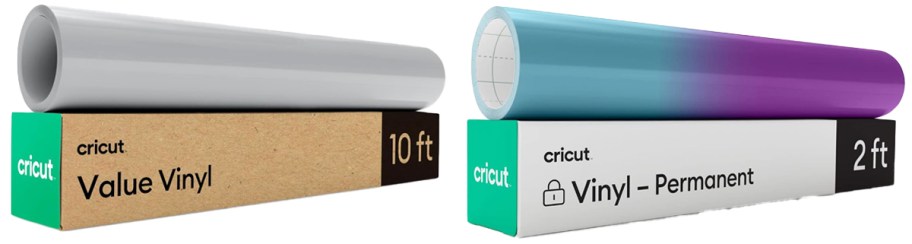 grey and blue/purple rolls of Cricut Vinyl