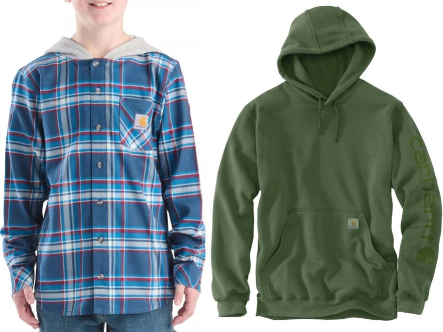 Stock images of a boy wearing a Carhartt top and a gren men's Carhartt hoodie