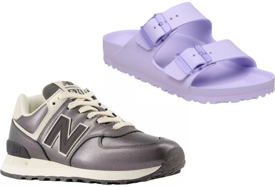 Stock images of adidas 574 shoe and an EVA Birkenstock Arizona Sandal