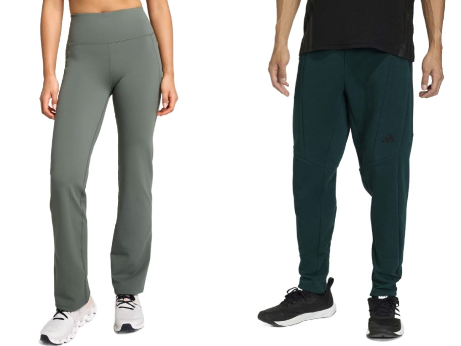 Stock images of a woman wearing DSG pants and a man wearing adidas pants