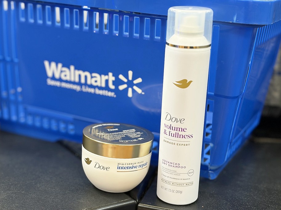 dove hair mask and dry shampoo in front of a blue walmart basket